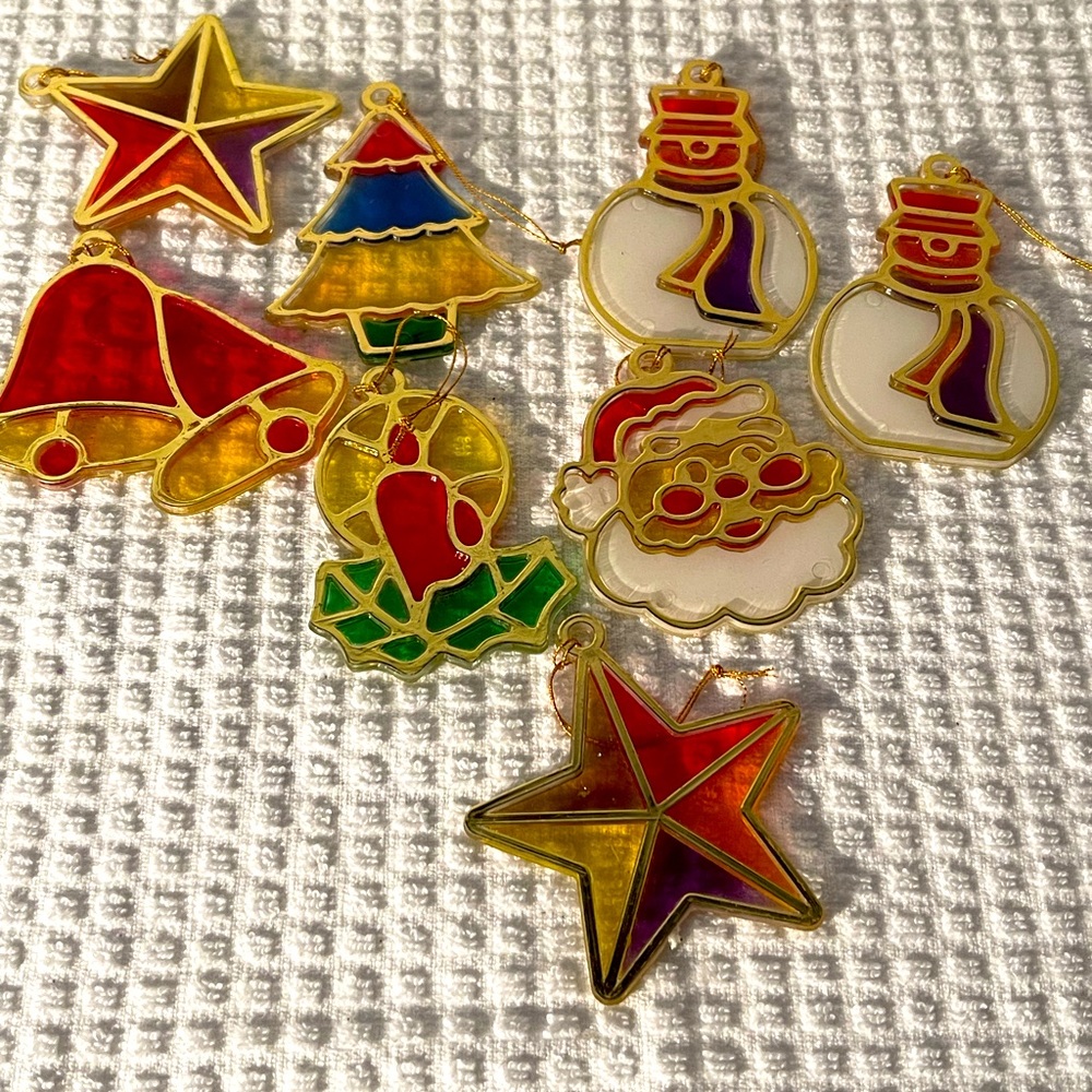 Vintage Stain-Glass Ornaments Acrylic Snowman, Stars, Santa, Tree & Bells